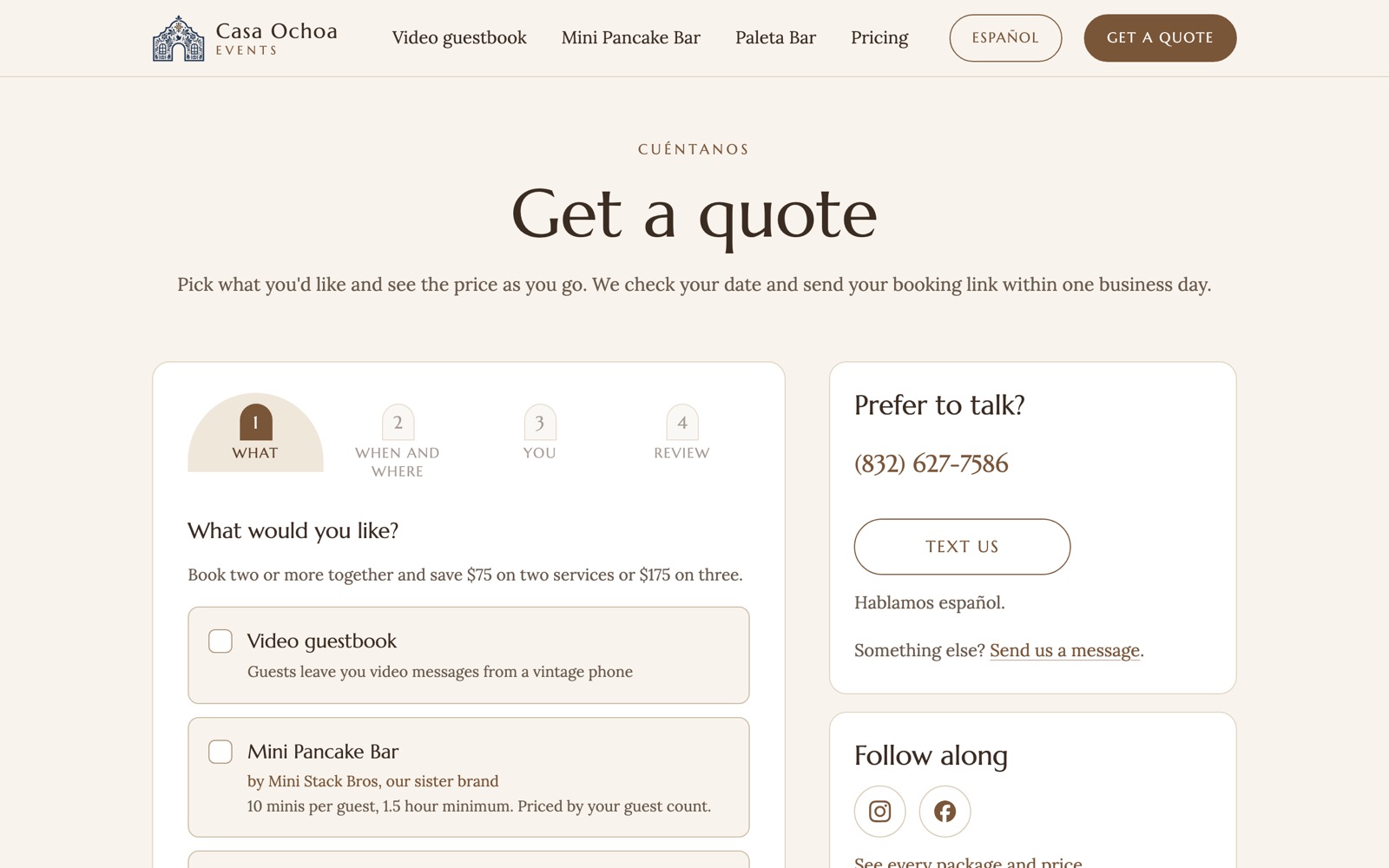 The four-step quote builder on casaochoaevents.com: what, when and where, you, review