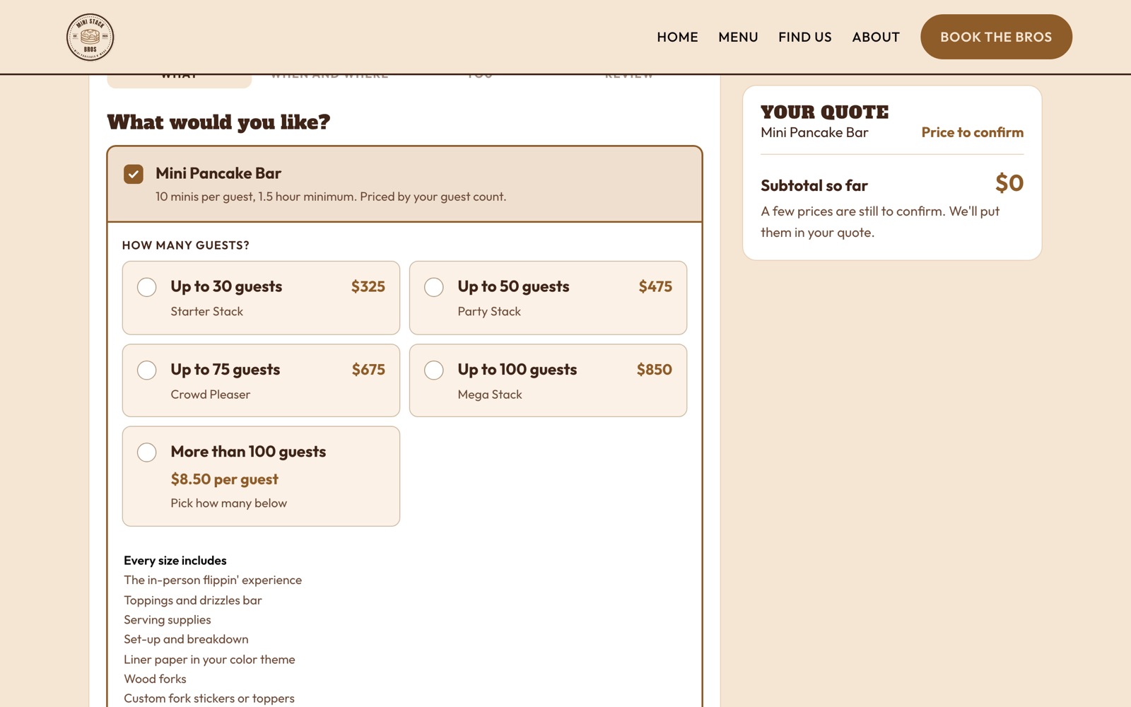 The Mini Stack Bros booking page with guest-count packages and a live quote box